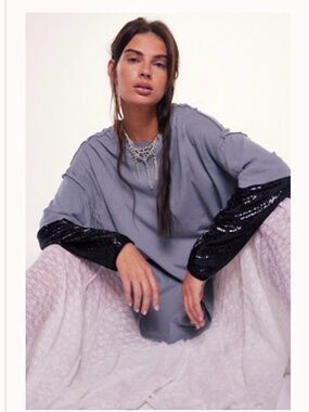 We The Free Nellie Sequin Twofer, light Gray Layered Sequin Sleeve Women’s